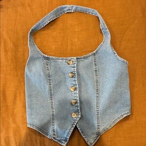 SHEIN Light Blue Denim Button Front Crop Top